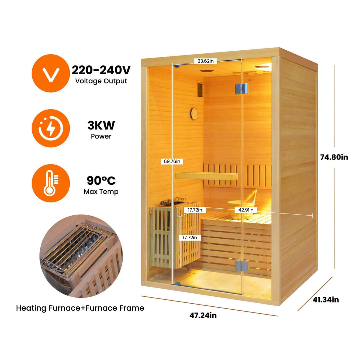 Thermora Alpine Premium 2-Person 3KW Hemlock Wood Sauna With LED Wall Light (SAK28471)